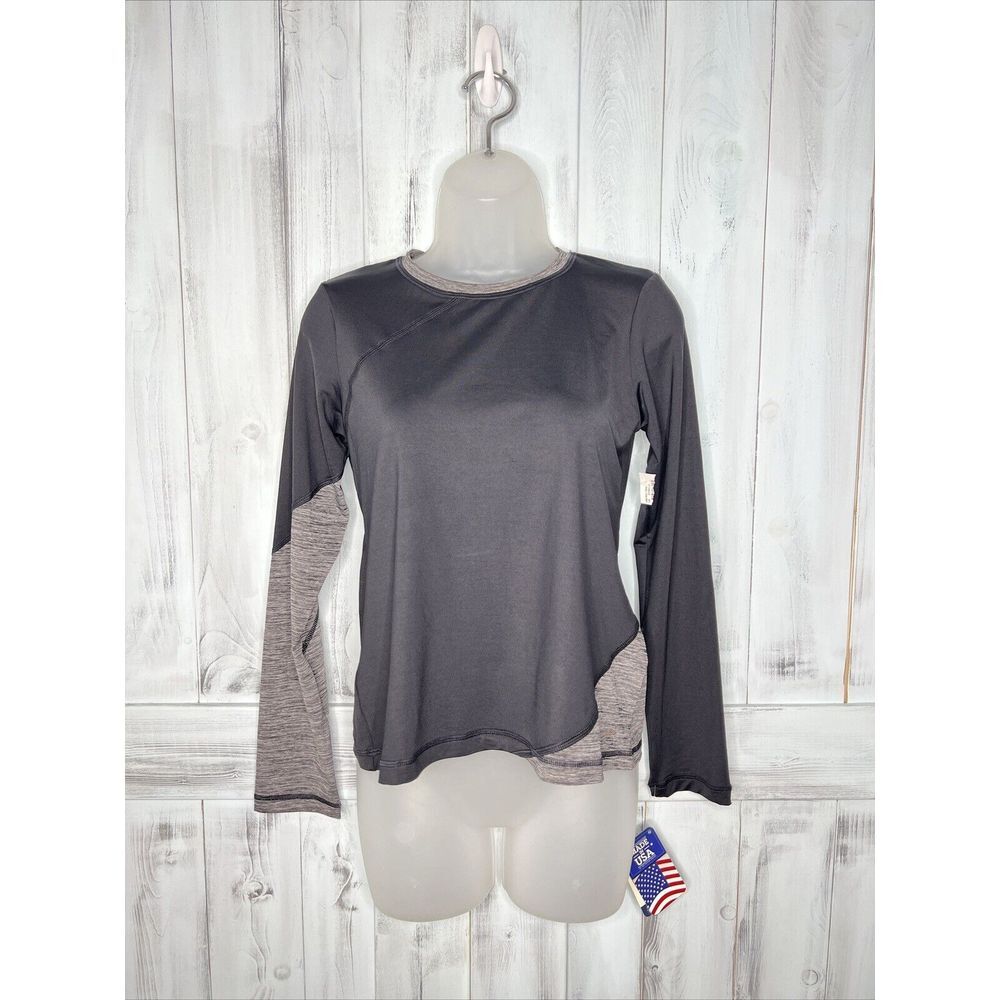 NEW‎ WOMENS SOFIBELLA BLACK GRAY LONG SLEEVE ACTIVE TOP TENNIS UV WICKING S